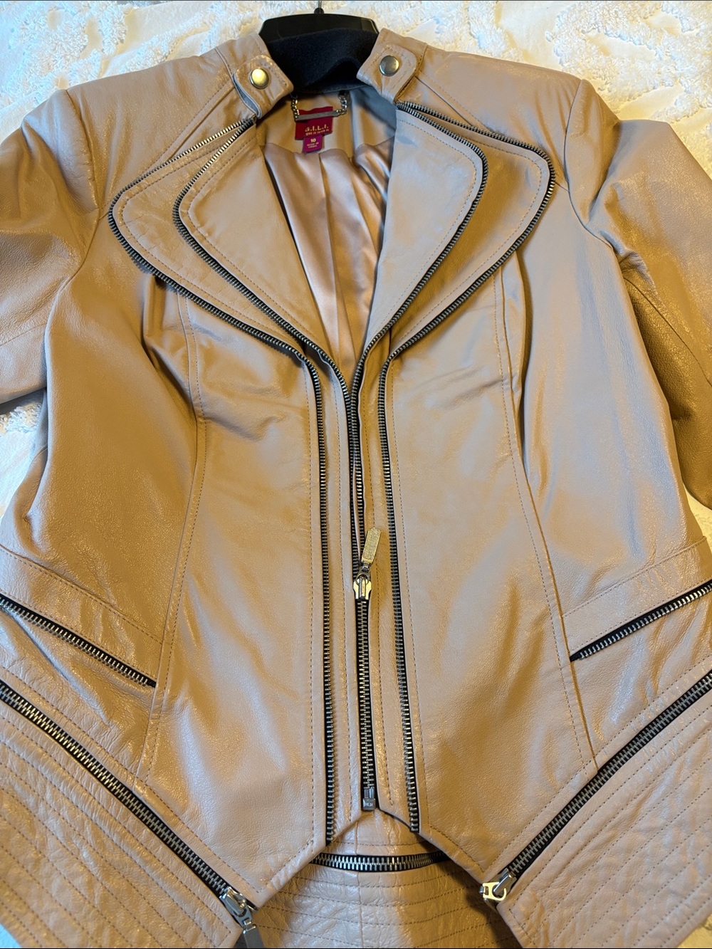 G.I.L.I. Tan Faux Leather Moto Jacket with Quilted Hem Panels